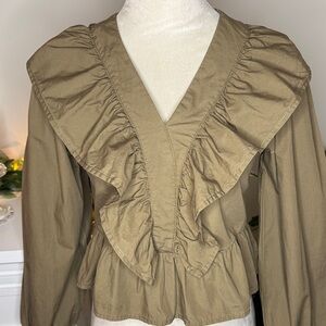 Elegant Ruffled V-Neck Blouse - Tan